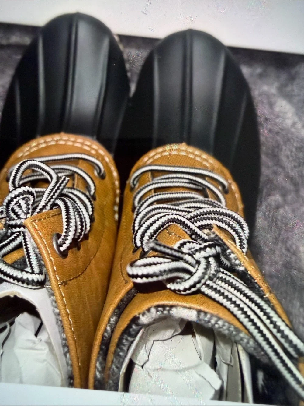 Report Tan and Black Lace-Up Duck Boots